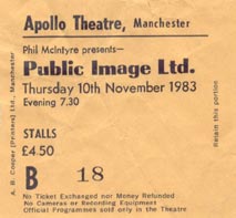 PiL - Manchester, Apollo 10.11.83 Gig Ticket
