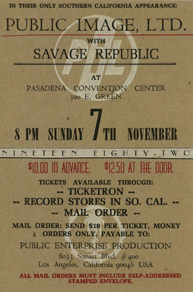 Pasadena, Convention Center, November 7 1982 flyer; courtesy Bob Tulipan 