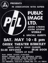 PiL - Berkeley, Greek Theater, USA 10.5.80 Flyer / Poster